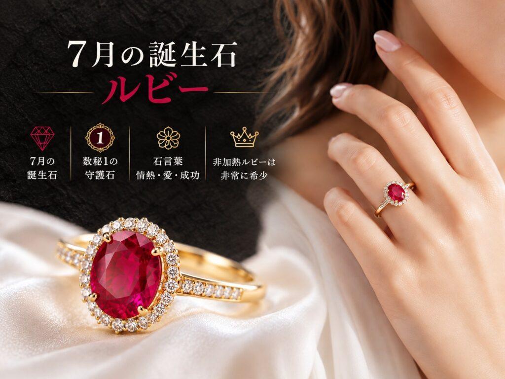 7月の誕生石ルビーの婚約指輪と、指輪を着けた女性