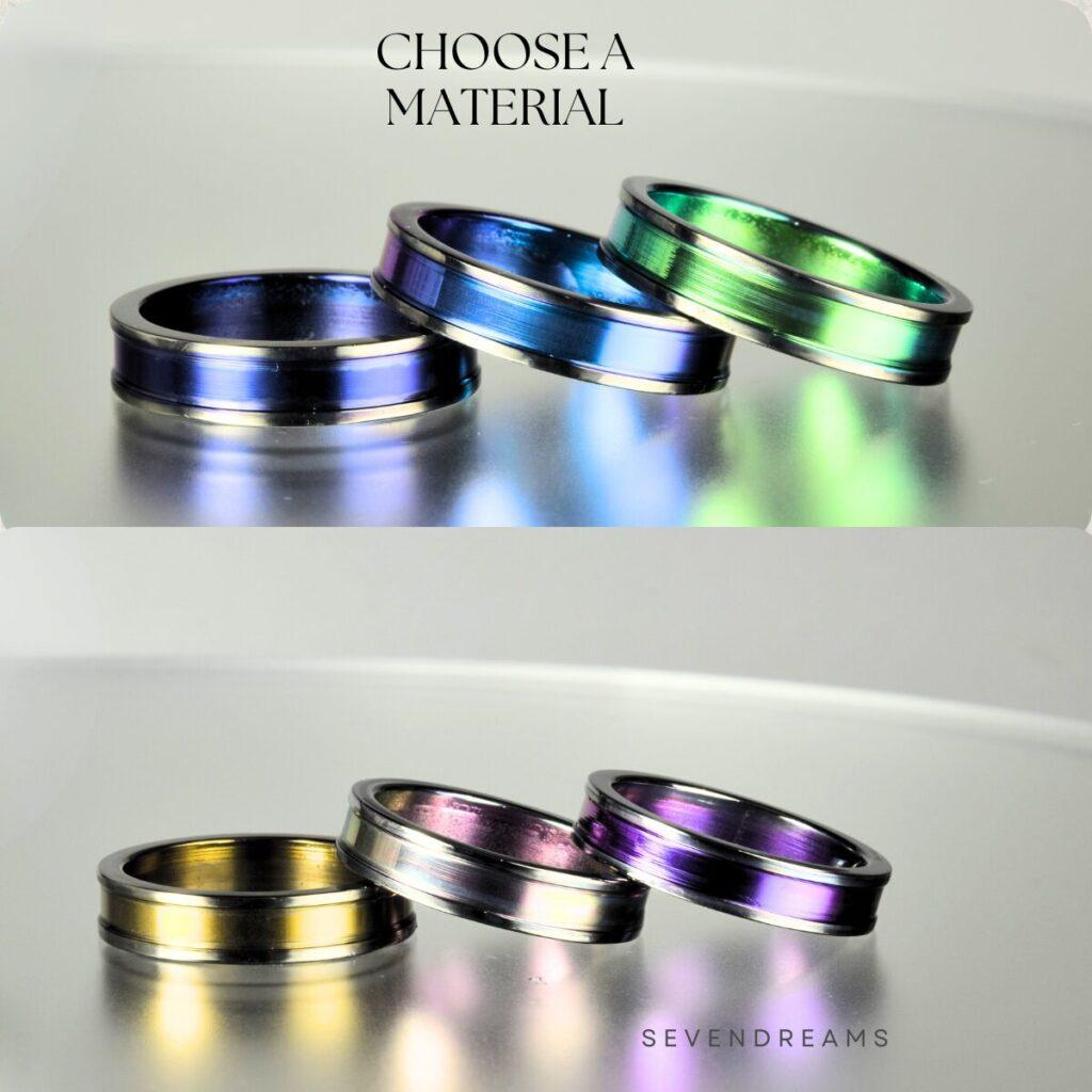 チタン（Titanium）とジルコニウム（Zirconium）のカラーリング結婚指輪。紫・青・緑・金・ピンクなど6色のアノダイズ仕上げ（anodized finish）から選べます。