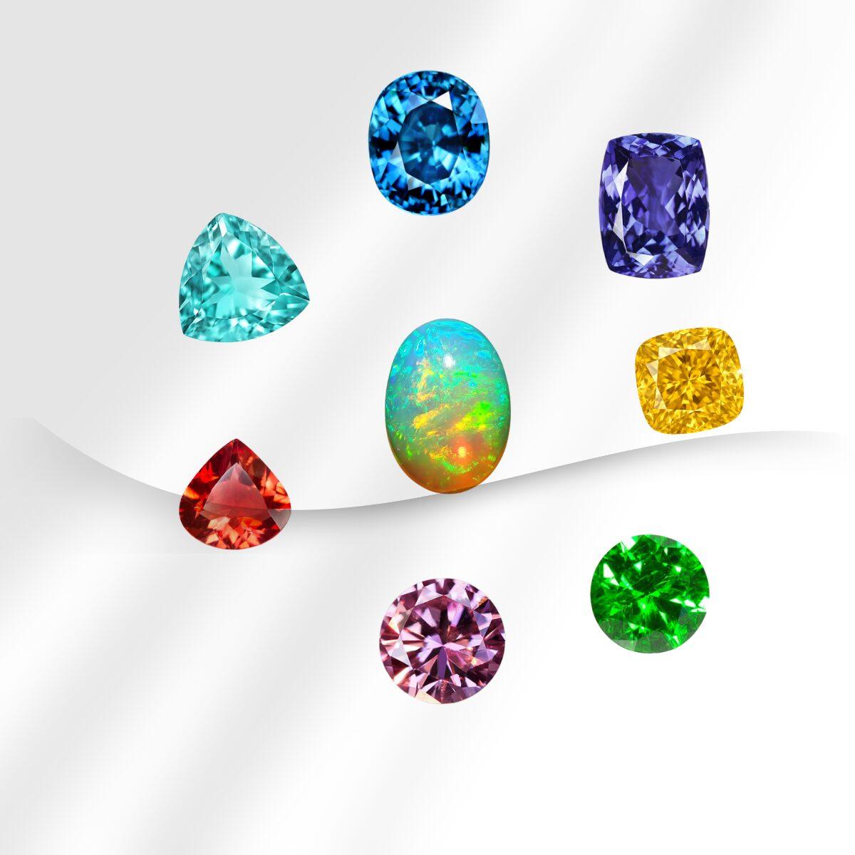 カラフルな宝石 オパール ピンクダイヤ タンザナイト パライバトルマリン イエローダイヤ グリーンガーネット ブルートパーズ