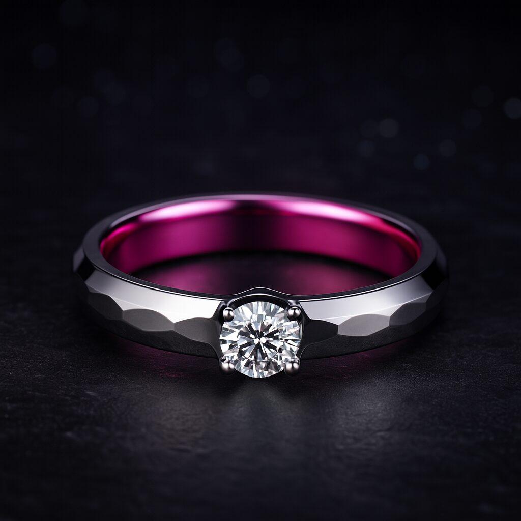 黒い外側と鮮やかなピンクの内側を組み合わせた婚約指輪のイメージ
