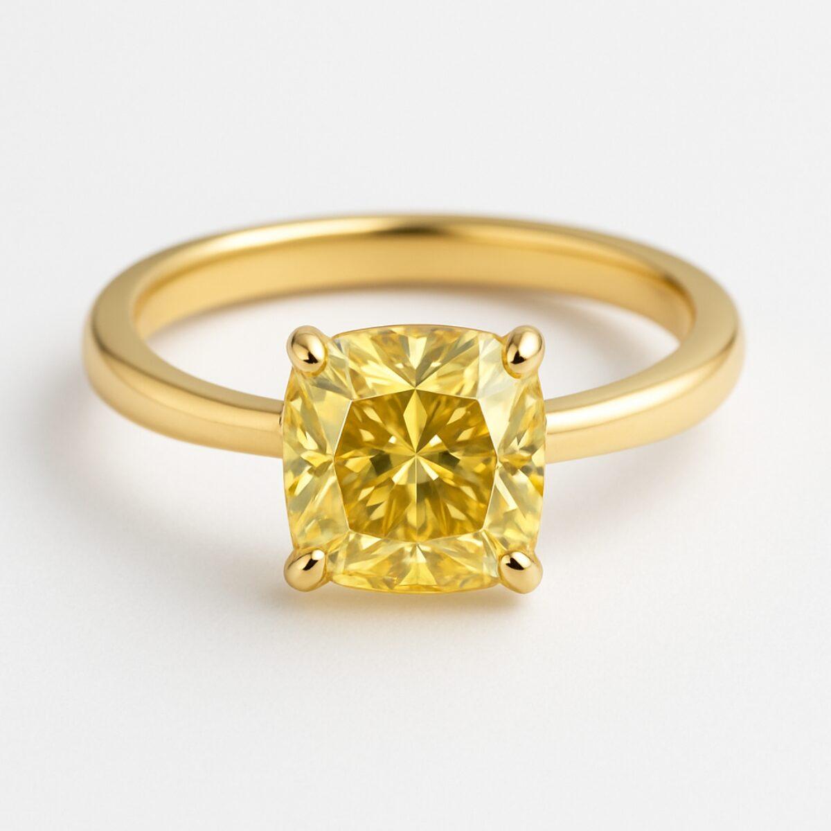 ゴールド色のリングに黄色いクッションカットストーンを留めた婚約指輪