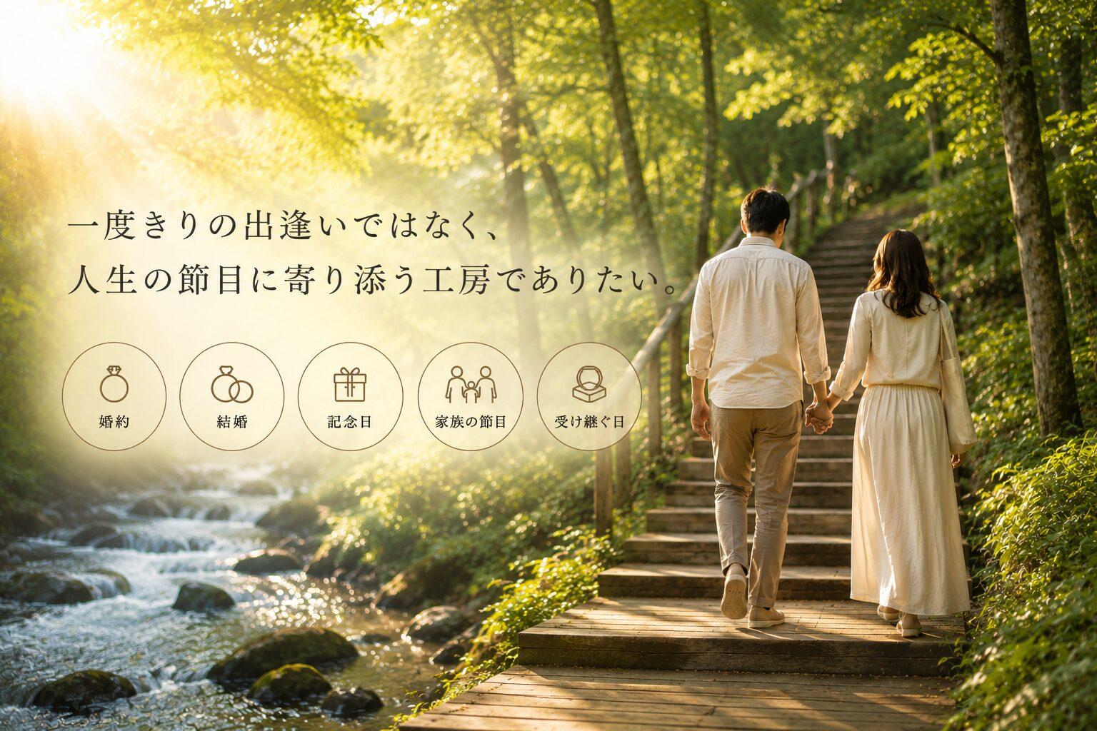 森の小径を歩くふたりと、婚約・結婚・記念日・家族の節目・受け継ぐ日を表したライフタイムジュエラーのイメージ