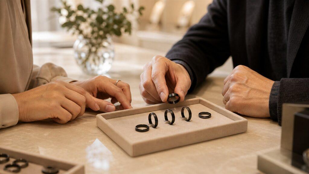 ブラックジルコニウムの結婚指輪を比較しながらデザイン相談をする様子