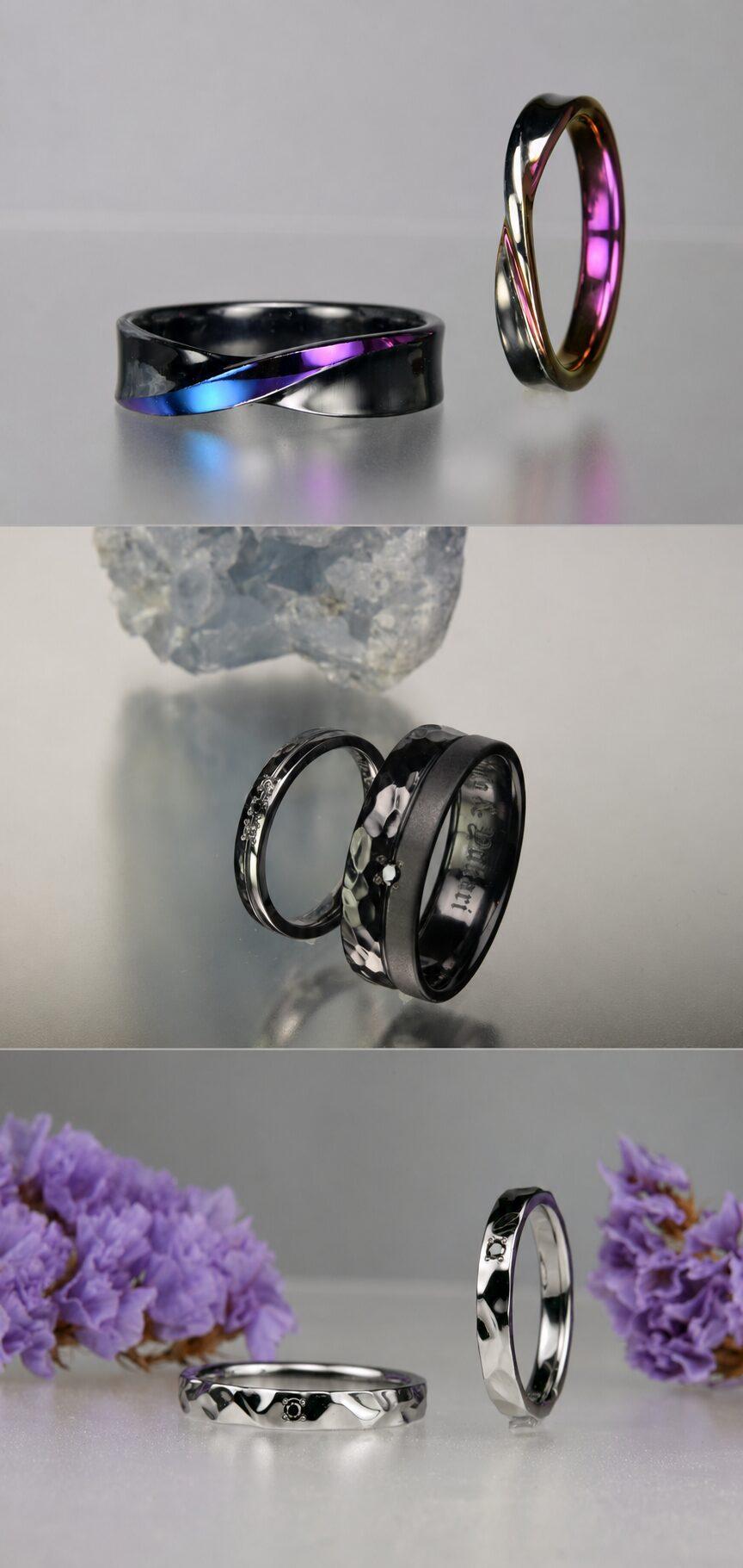カラー加工や槌目を施した黒い結婚指輪のオーダーメイド実例3組