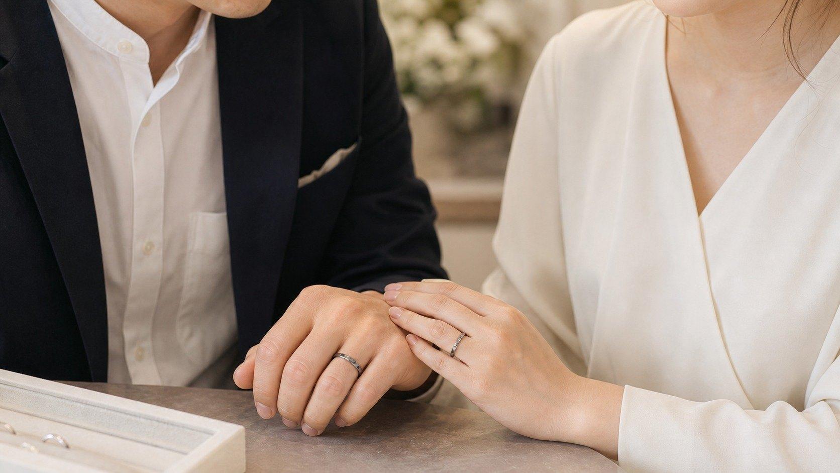 ブラックゴールド結婚指輪を日常で選ぶカップルイメージ