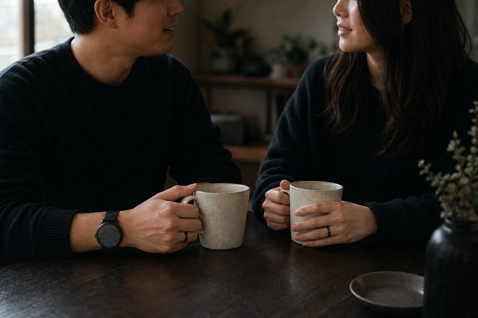 黒い指輪を着けて相談するカップル