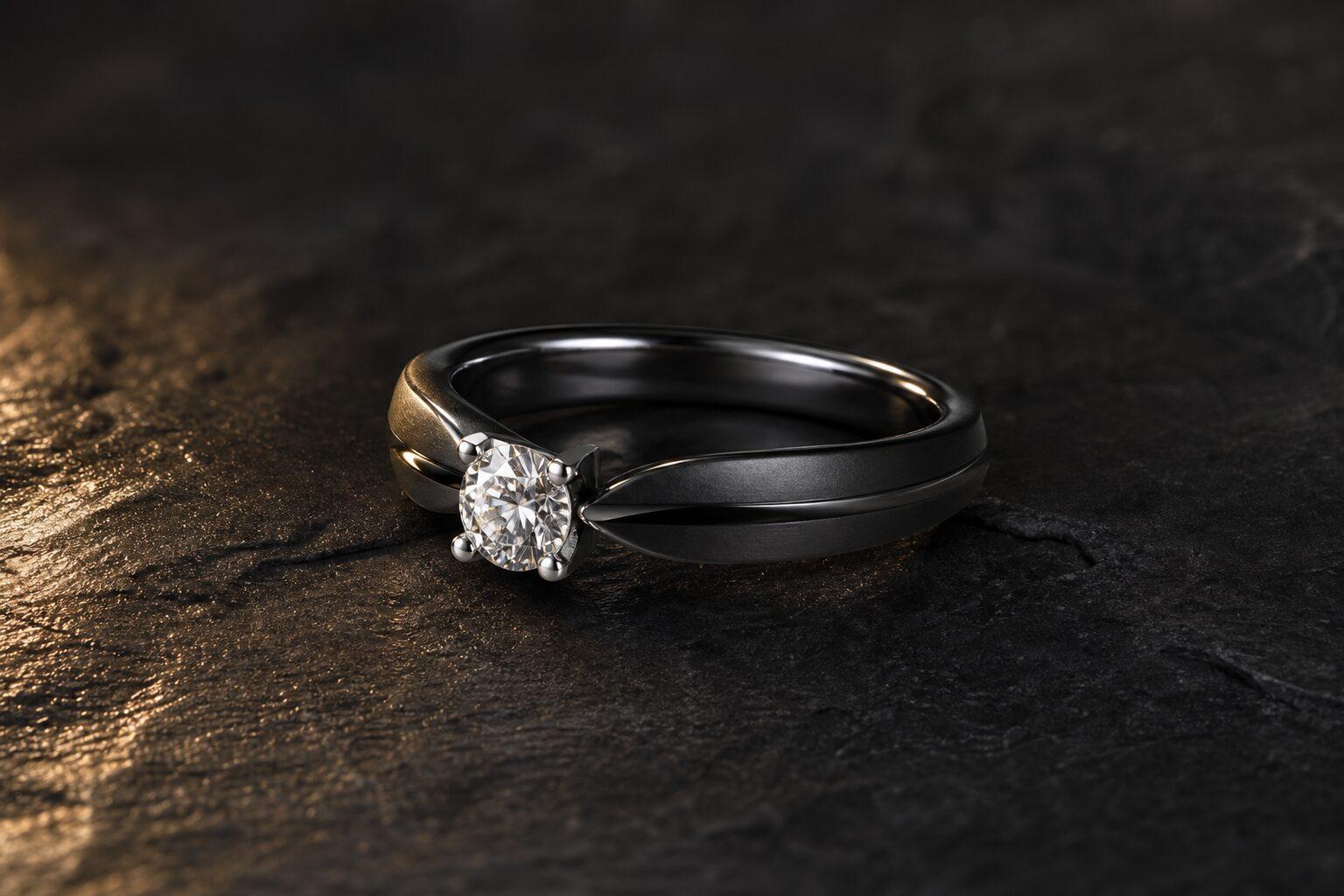 ファセット仕上げの黒い外側とシャンパンゴールドの内側を組み合わせた婚約指輪