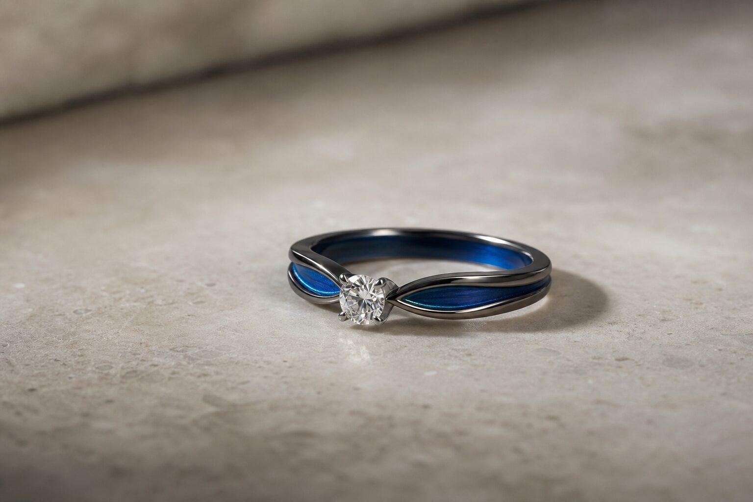 黒い外側とブルーの内面発色を組み合わせた婚約指輪