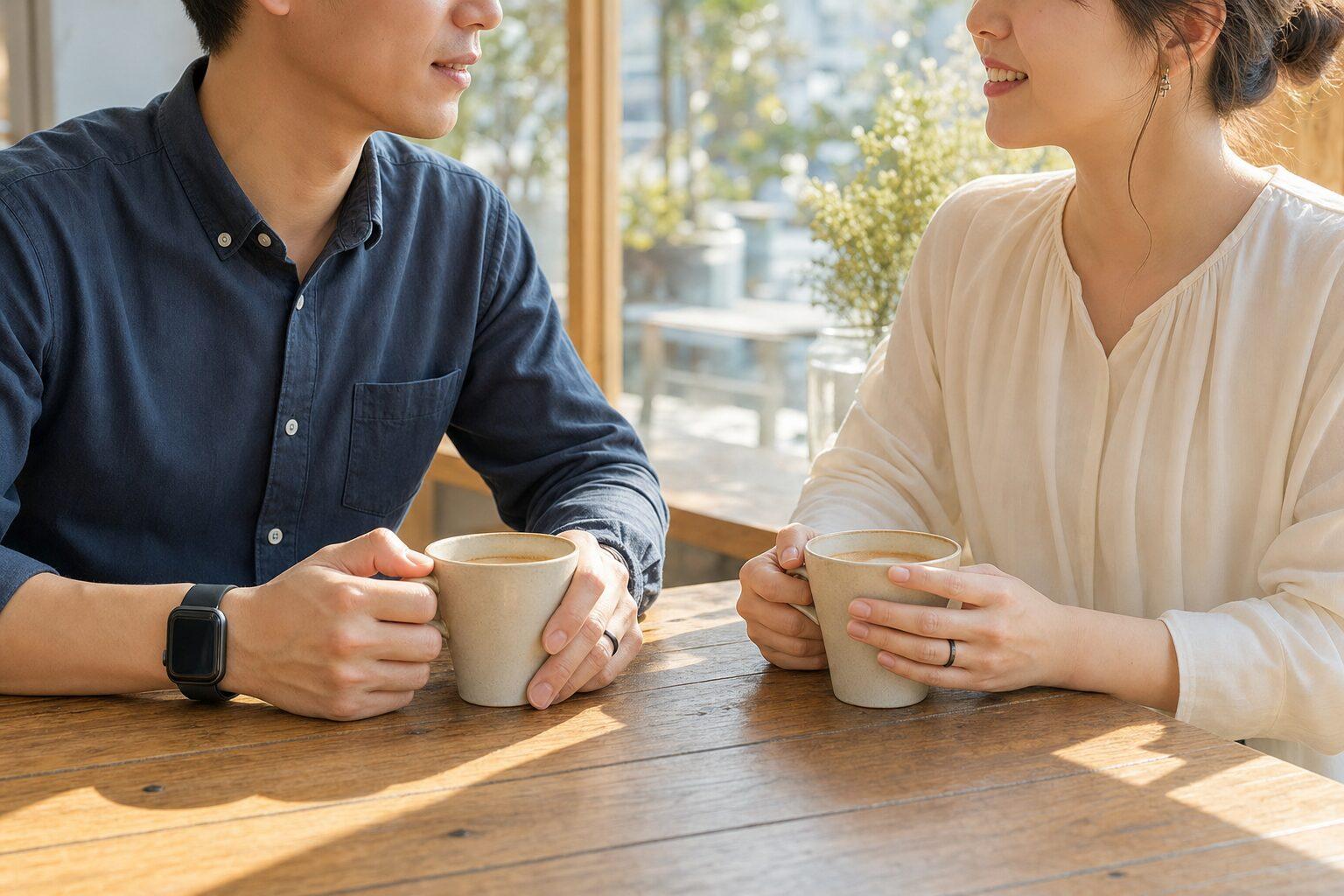 日差しの入るカフェで男女二人が向かい合いコーヒーカップを持つ明るい雰囲気の写真