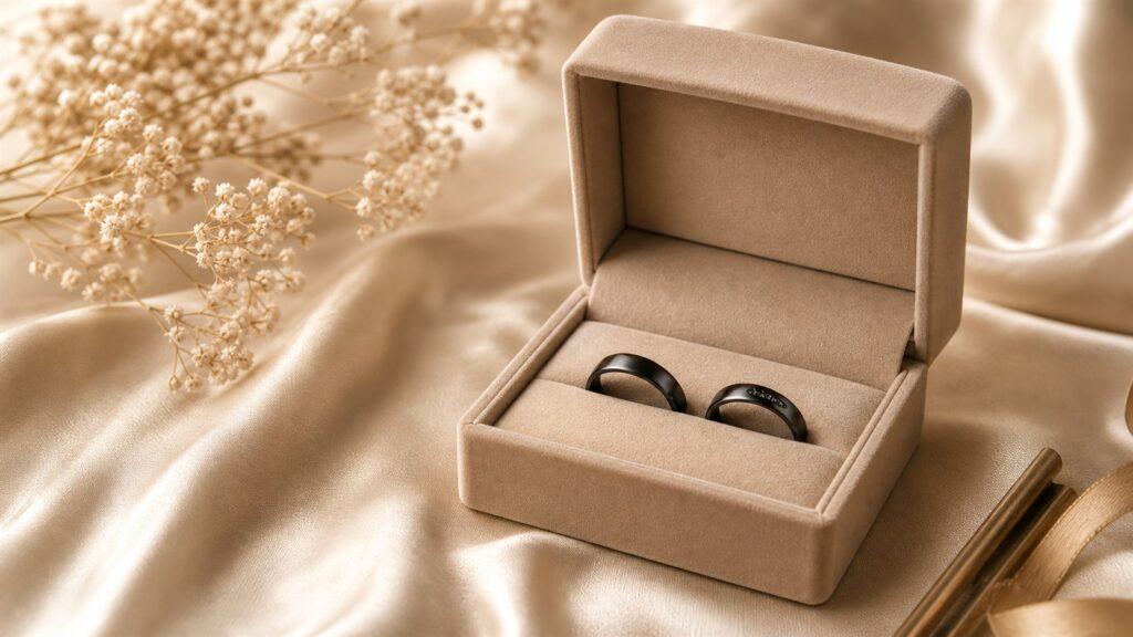 ブラックジルコニウムの結婚指輪をリングケースに収めた様子