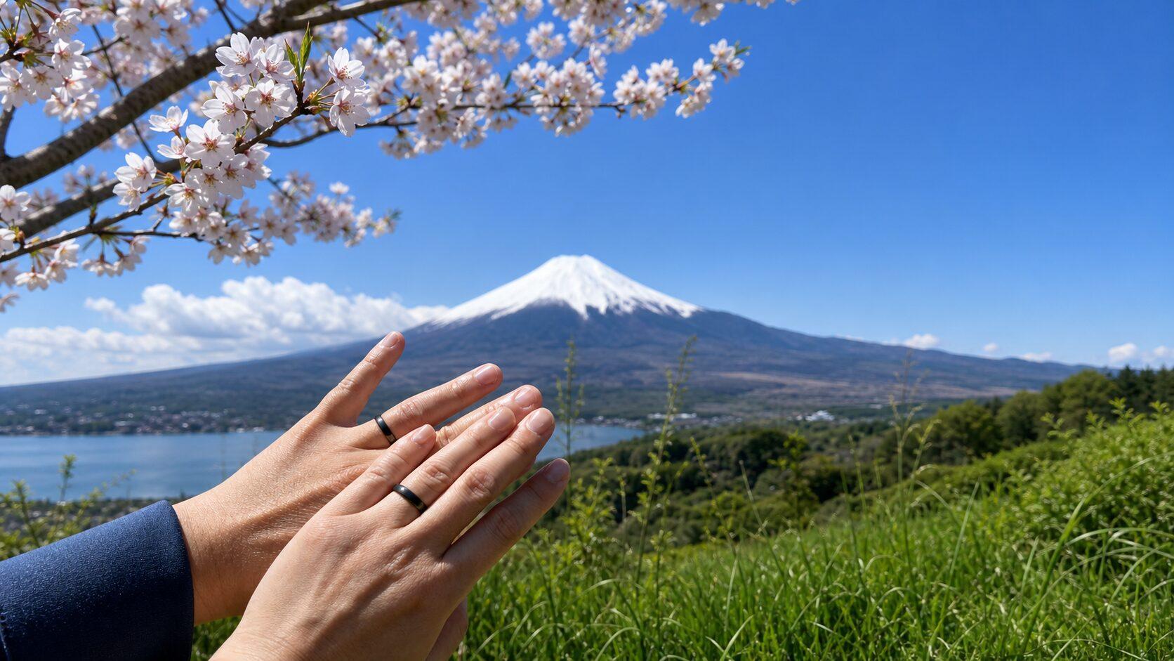桜と富士山を背景に黒い結婚指輪を着けたおふたりの手