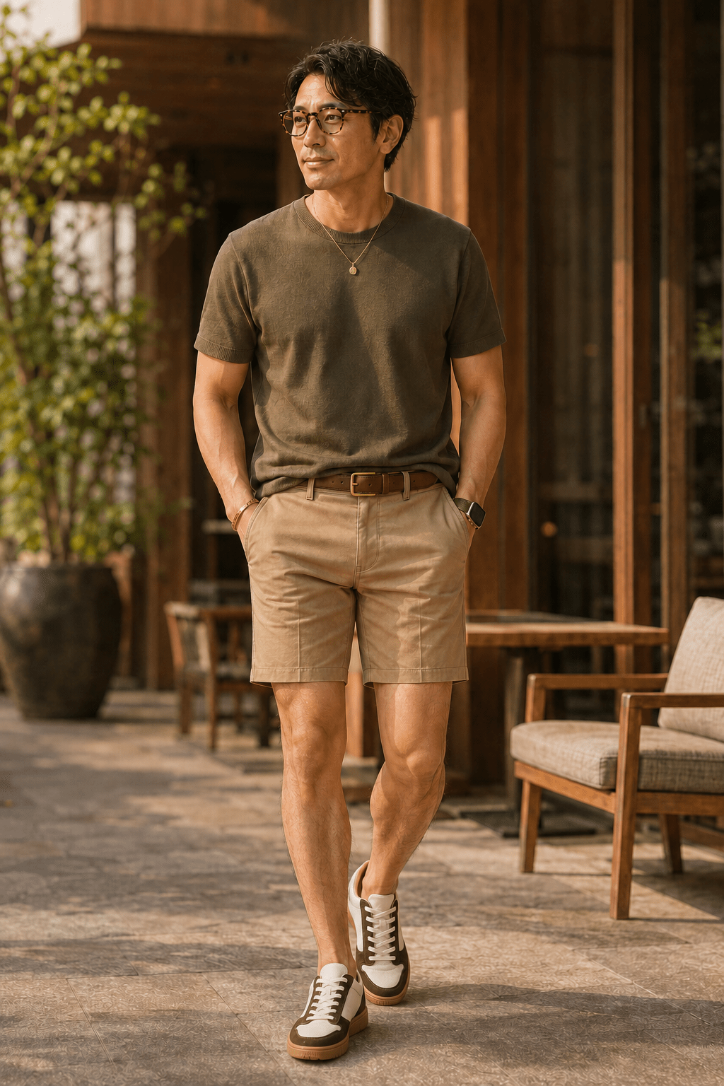 同じオリーブのTシャツ、ベージュの短パン、クリームホワイトと濃いブラウンのスニーカーを着用した秋タイプ男性