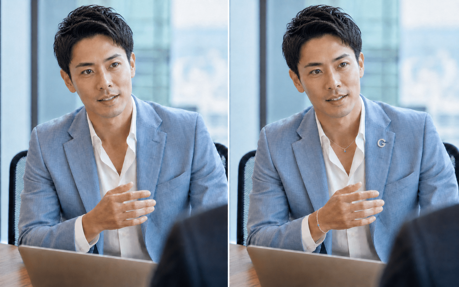 ブルースーツの男性の装飾品なしと、小さなダイヤモンドのGラペルピン、プラチナネックレス、ブレスレット着用の比較
