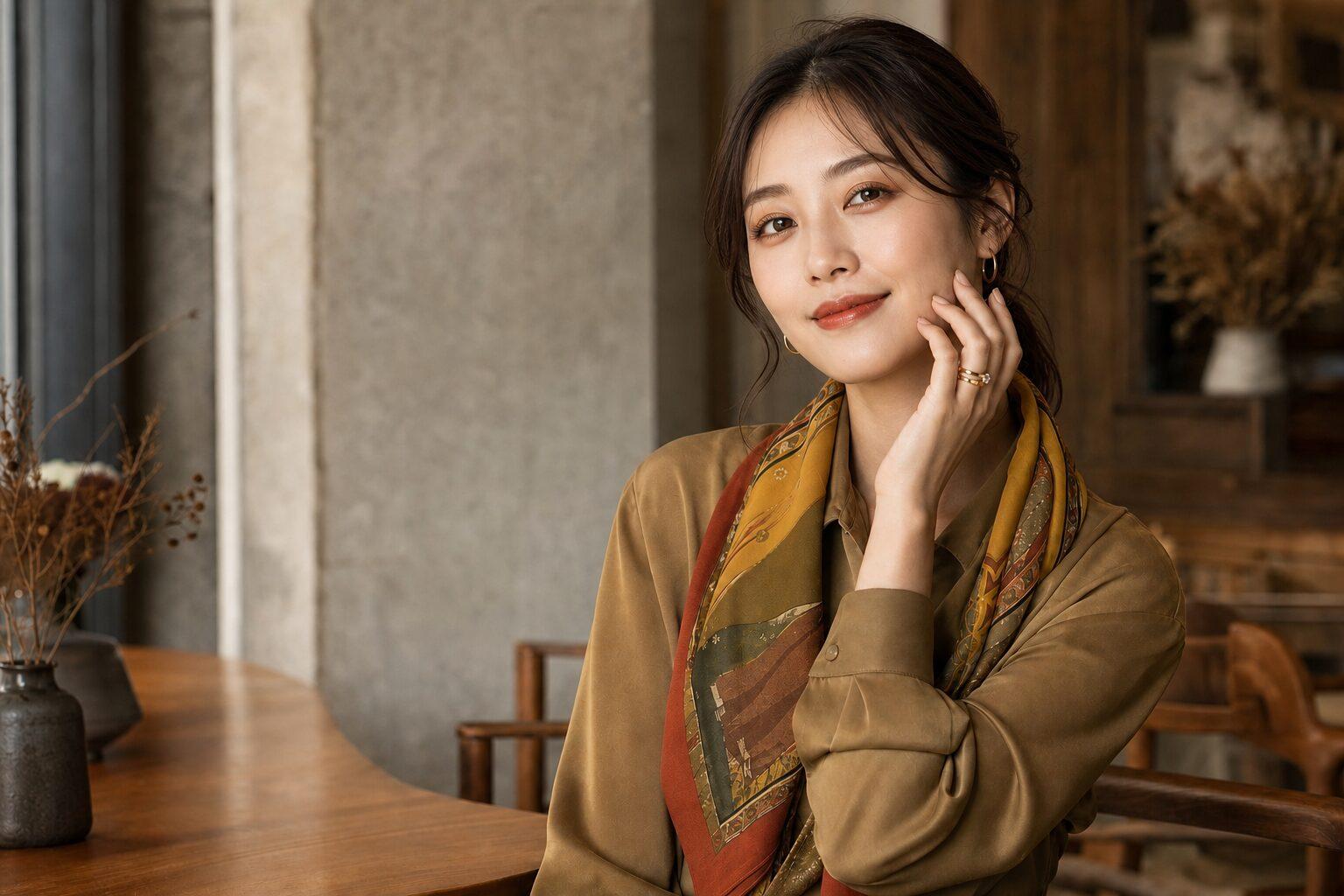 秋タイプのキャメルカラーの服・スカーフ・メイクとゴールドリングのトータルコーディネート