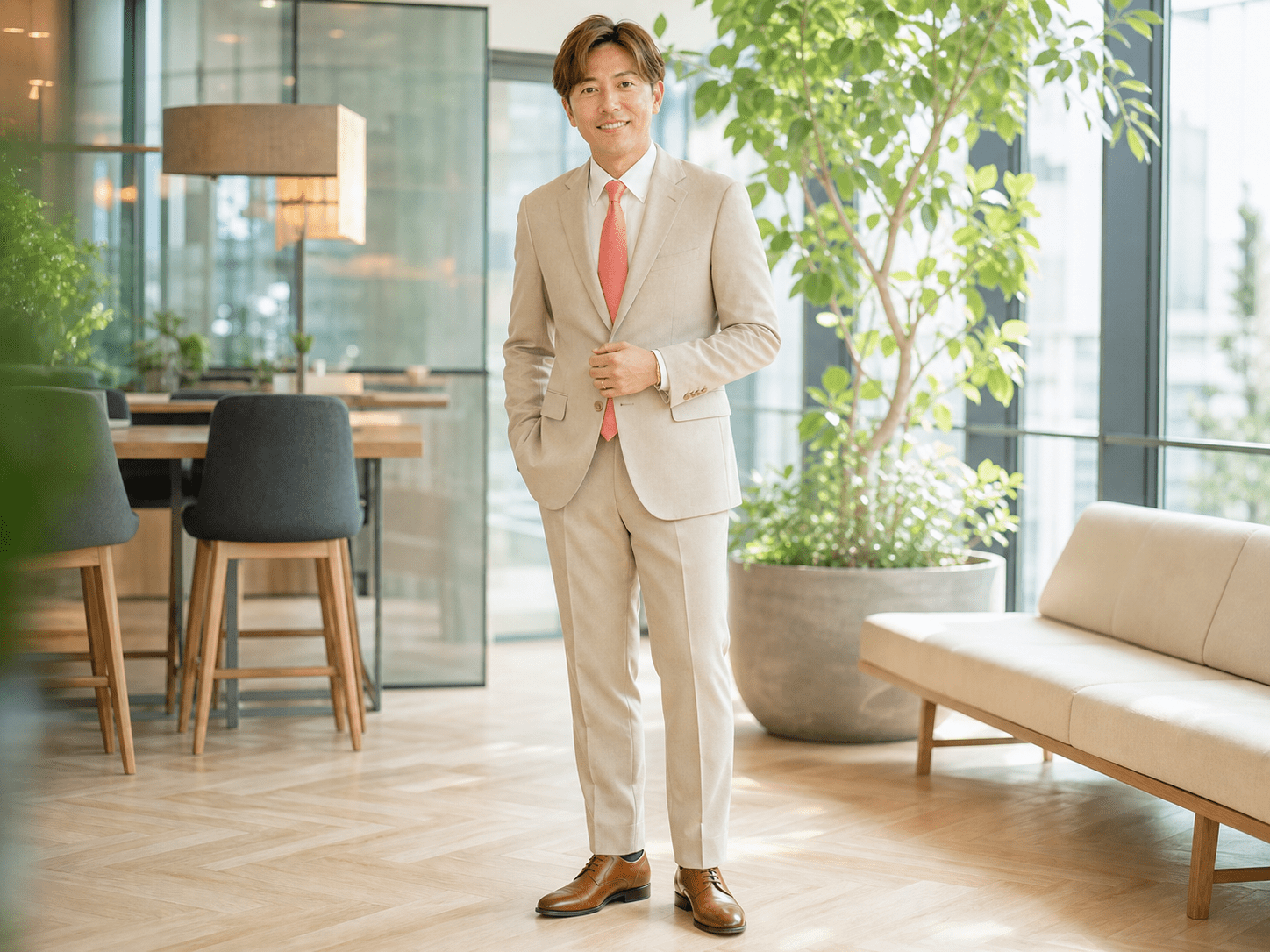 春タイプの男性がベージュスーツとゴールドジュエリーを着用して会議前に立つ全身イメージ