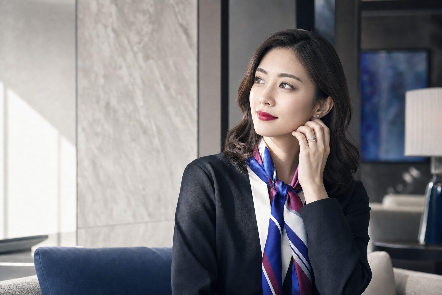 冬タイプのネイビーカラーの服・スカーフ・メイクとプラチナリングのトータルコーディネート