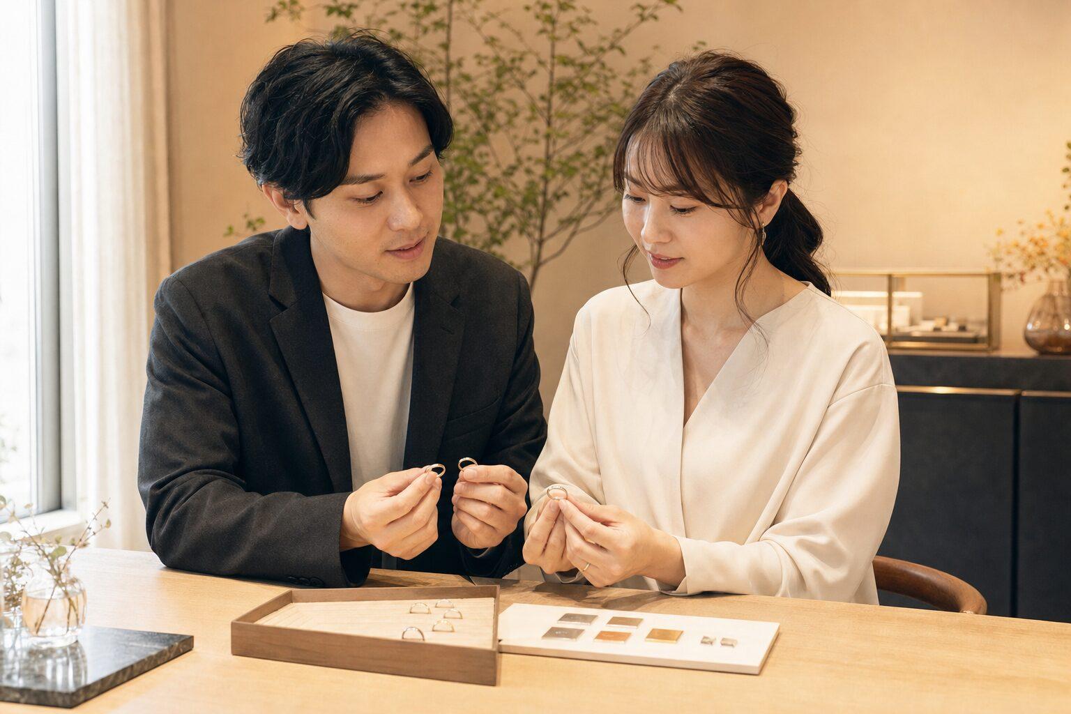 結婚指輪の素材とデザインについて話し合うお二人