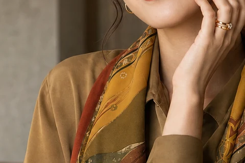 秋タイプのオーカーとオリーブのスカーフ