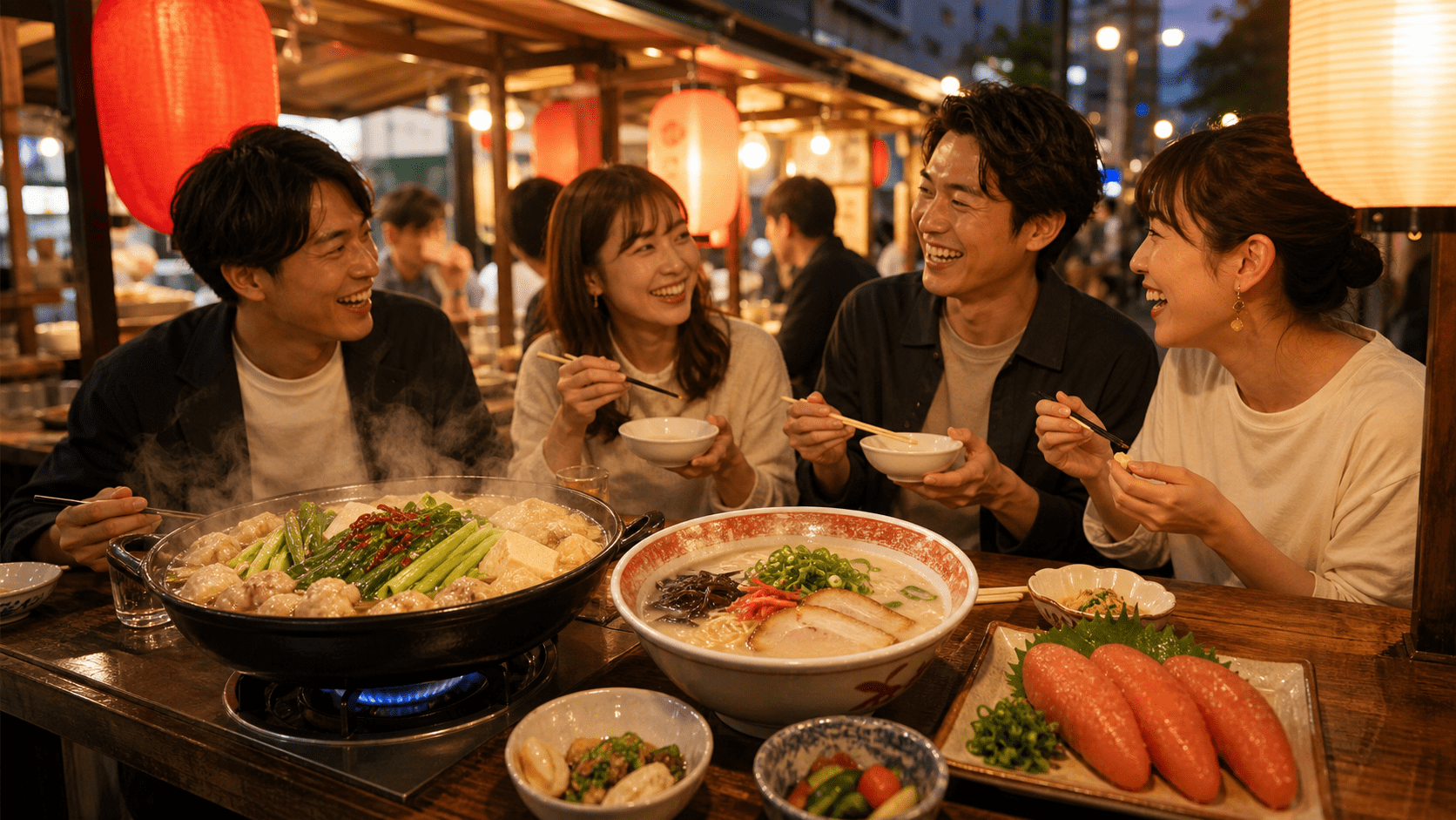 もつ鍋・豚骨ラーメン・明太子と福岡の屋台を楽しむ旅行イメージ