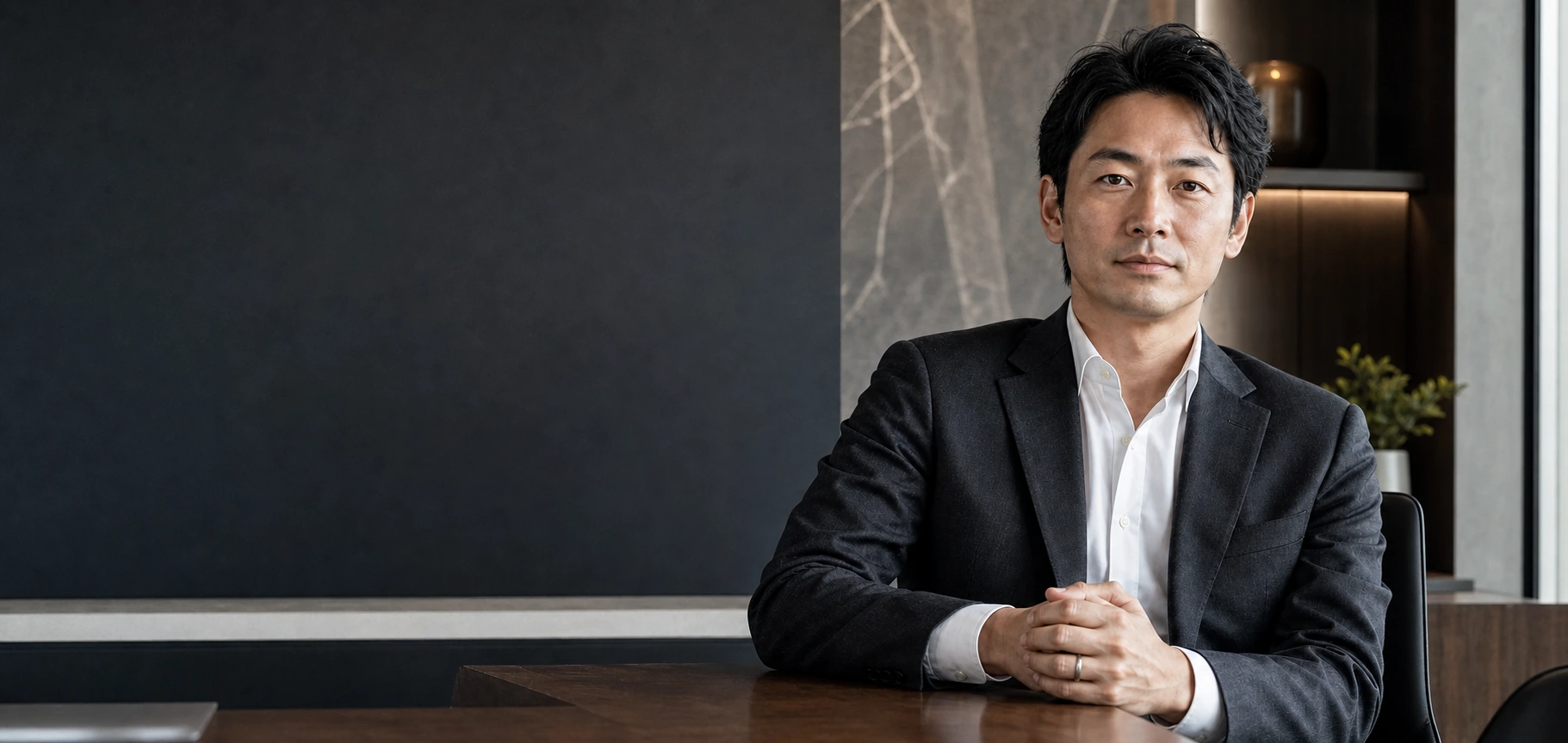 落ち着いたスーツ姿で控えめなリングを身につけた40代前半の男性経営者