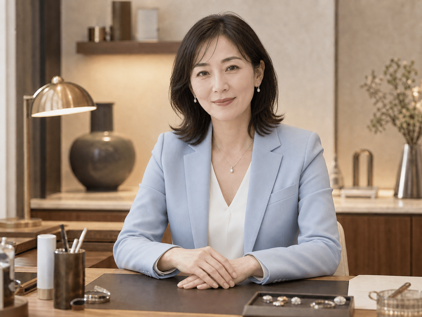 薄いブルーのスーツでジュエリーを身につけた働く女性