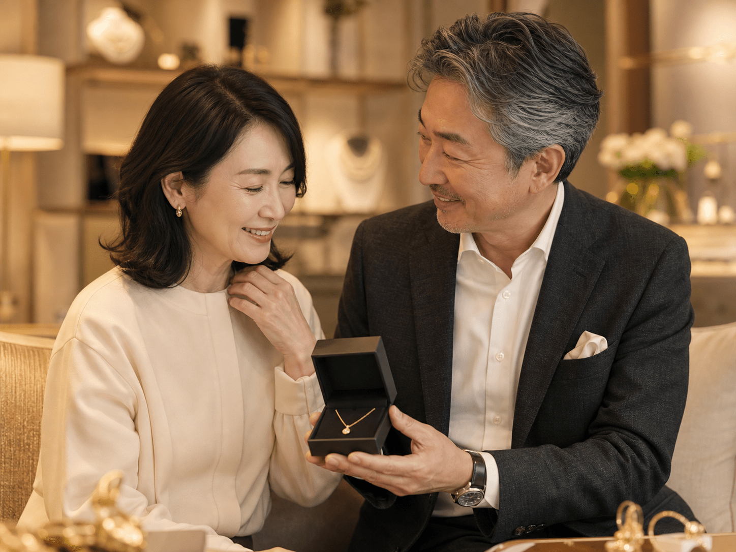 夫婦で記念のジュエリーを選ぶイメージ