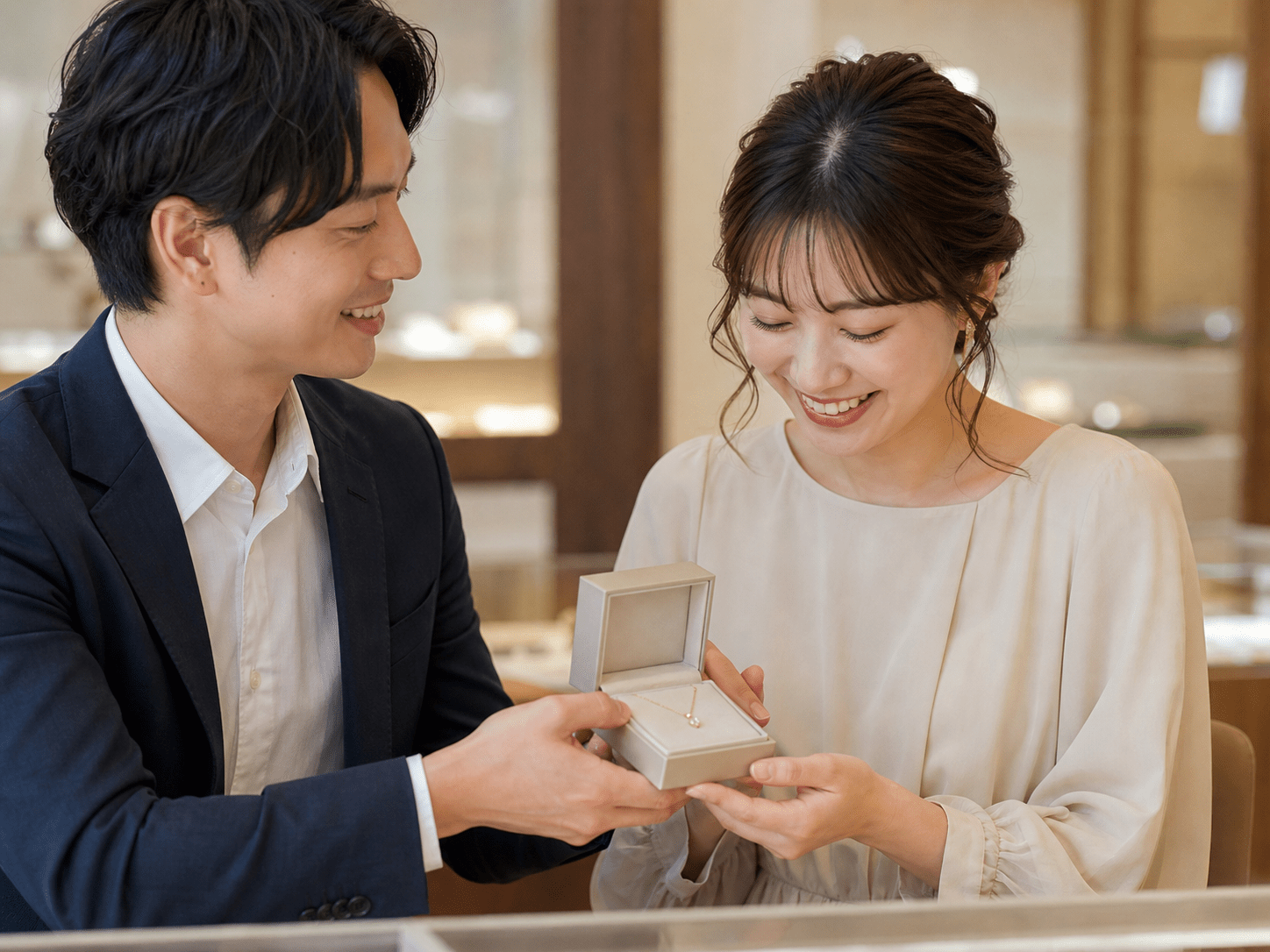 若いカップルが記念日にペンダントを贈るイメージ