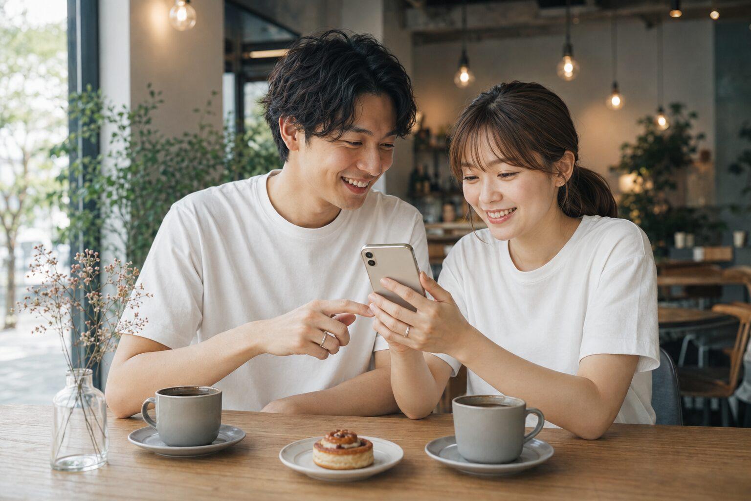 スマートフォンを見ながら結婚指輪について相談するカップル