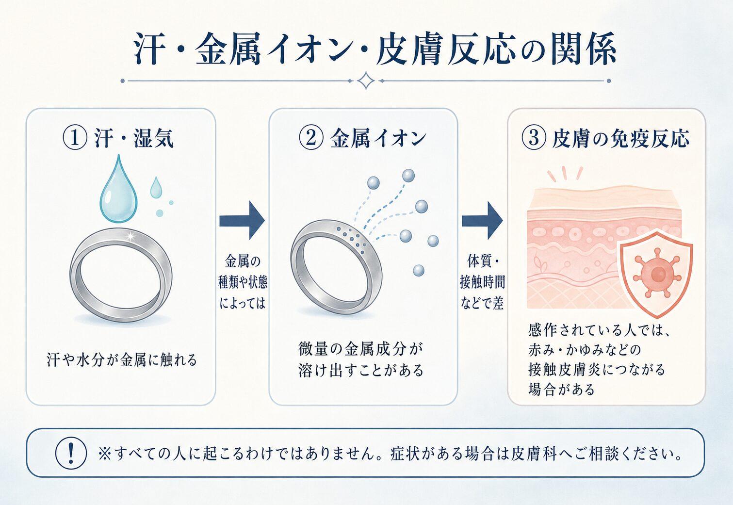 汗や水分、金属イオン、皮膚反応の関係を示す模式図