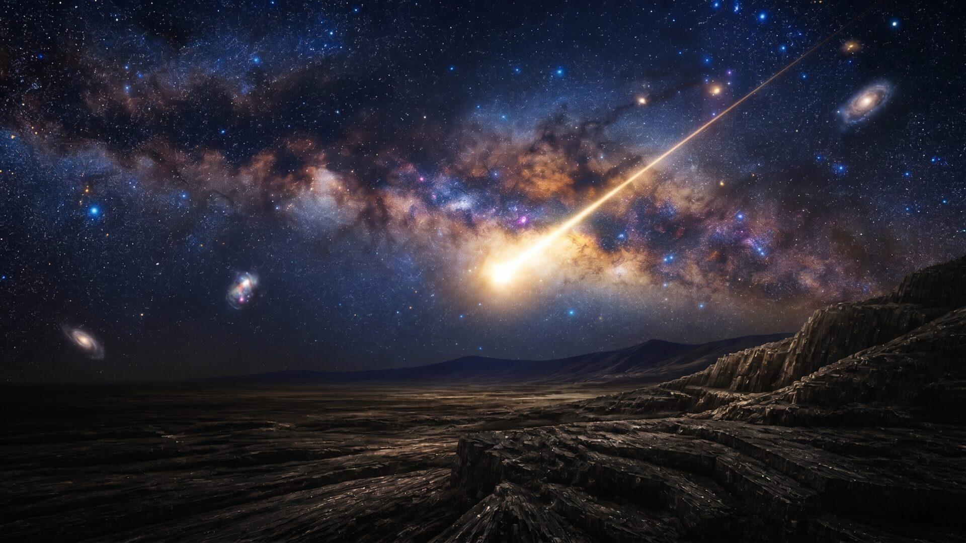 星空を横切る流星と大地の風景