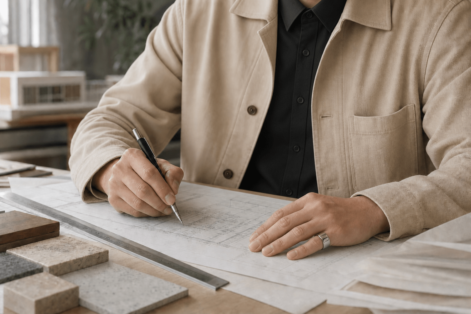 建築図面を描きながらチタンのピンキーリングを身につける男性