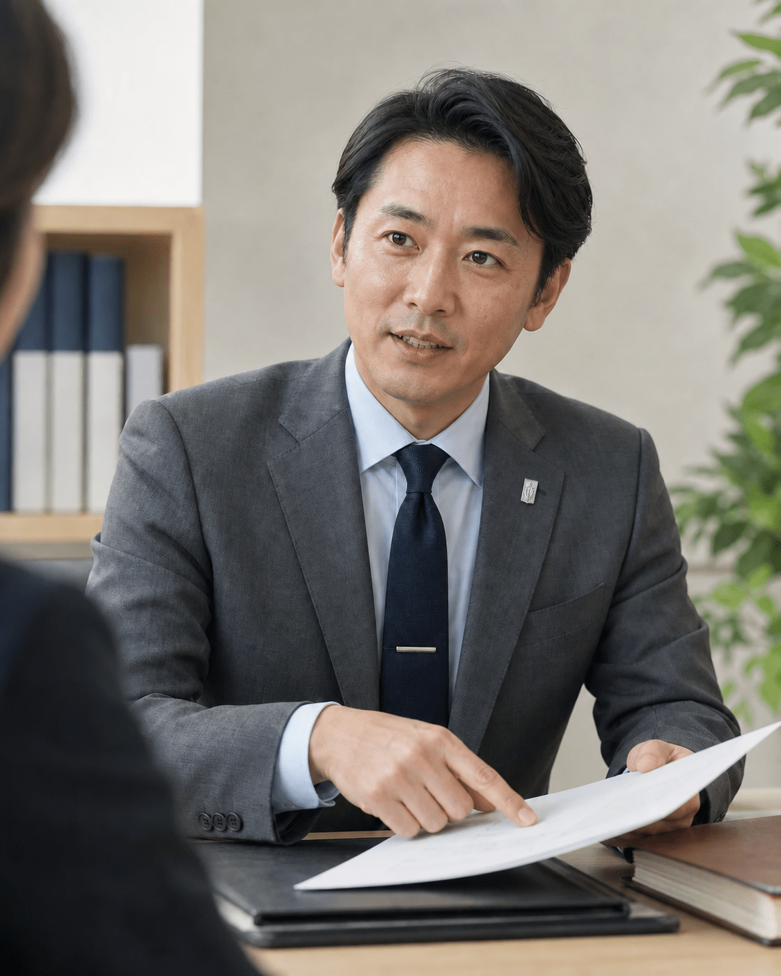 長方形の紋章入りプラチナピンを着け、相談者へ資料を説明するスーツ姿の男性