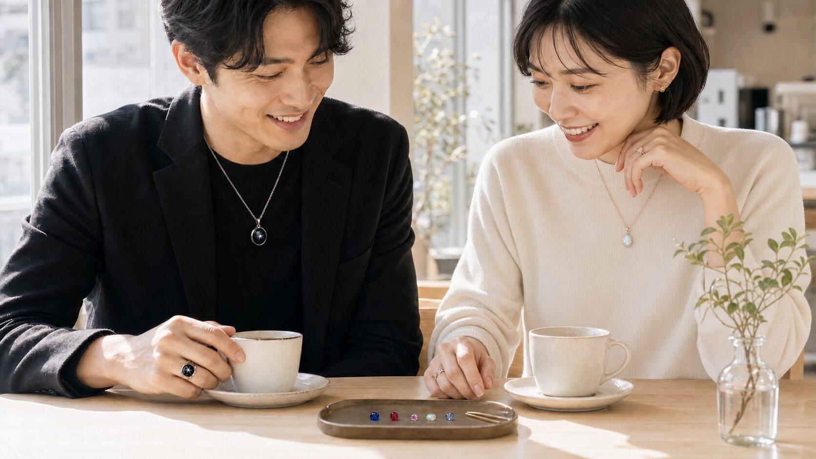 明るいカフェでブラックスターサファイア、オパール、ピンクダイヤを選ぶ男女