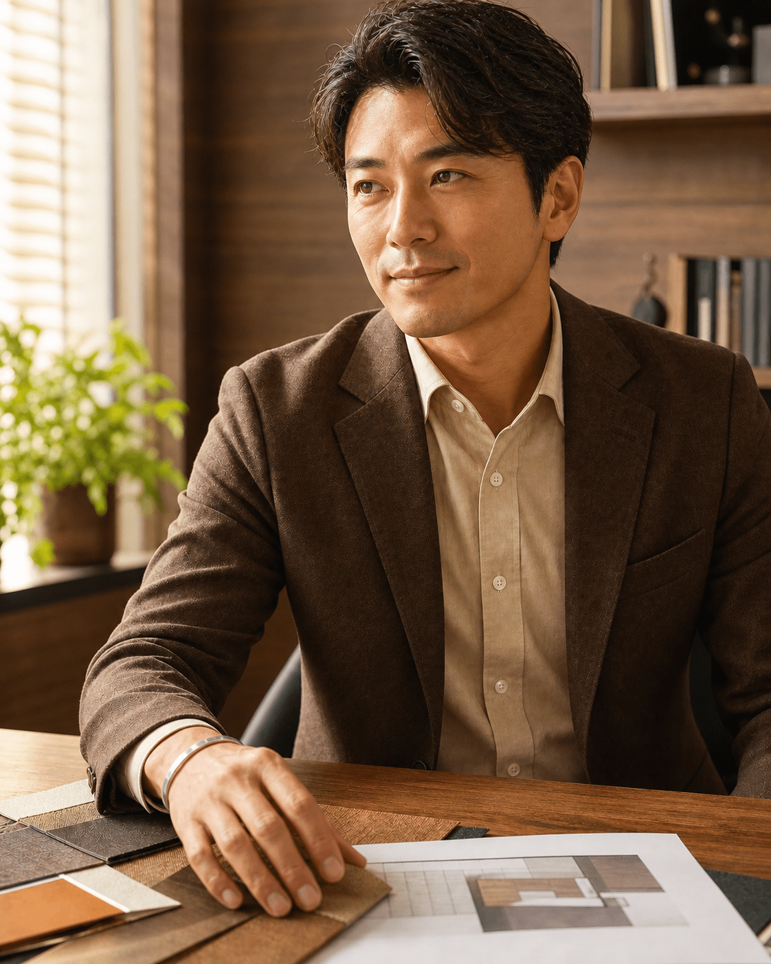 ブラウンのジャケットとベージュのシャツを着た秋タイプの男性