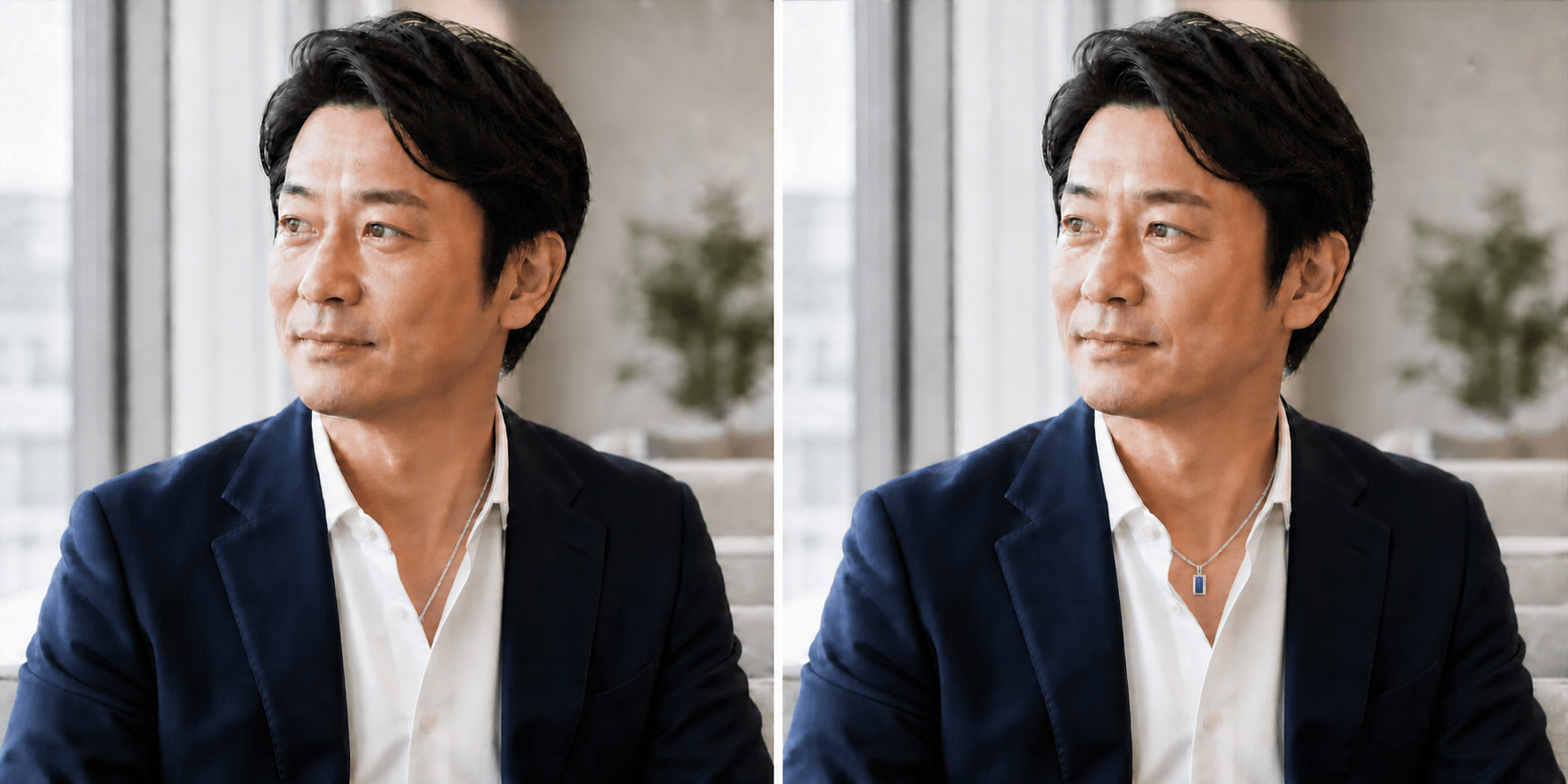 長いプラチナチェーンのトップをシャツの中に隠す状態と、短いプラチナチェーンで縦長の青い石入りペンダントを見せる状態の比較