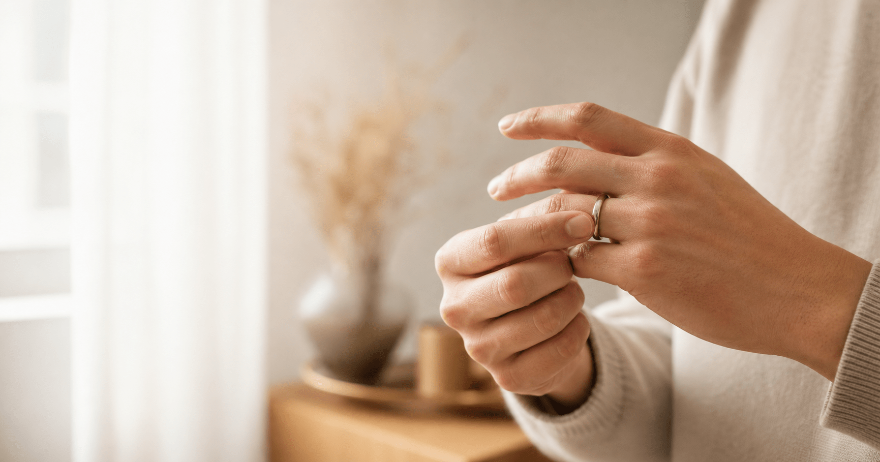 むくみで結婚指輪が抜けにくくなった手元を確認する様子