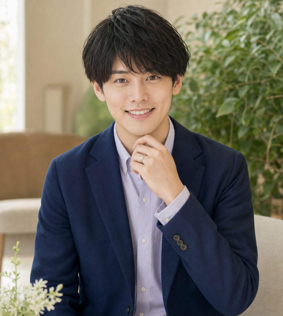 ソフトネイビーとラベンダーを着こなし、正面を向く夏タイプの男性