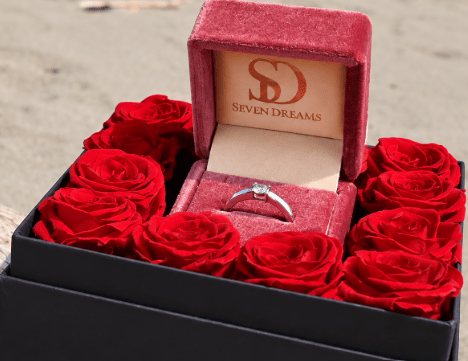 赤いバラに囲まれたSeven Dreamsのリングボックスと婚約指輪