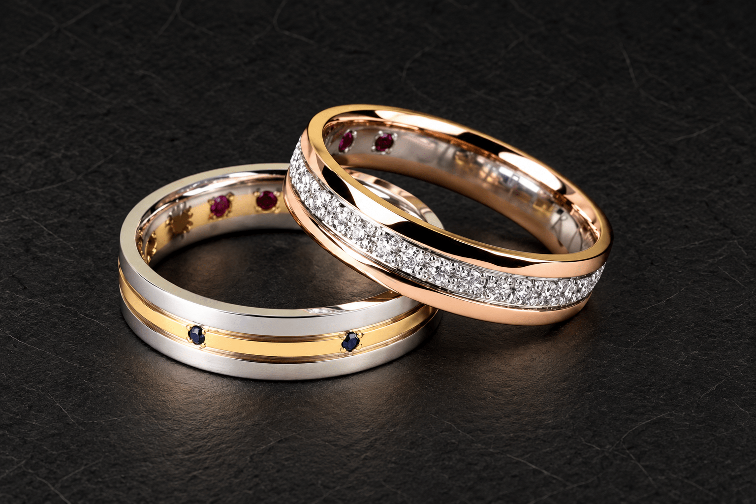 プラチナ・K18（メンズ）、プラチナ・K18・ピンクゴールド（レディース）で制作した結婚指輪の完成画像（黒背景）