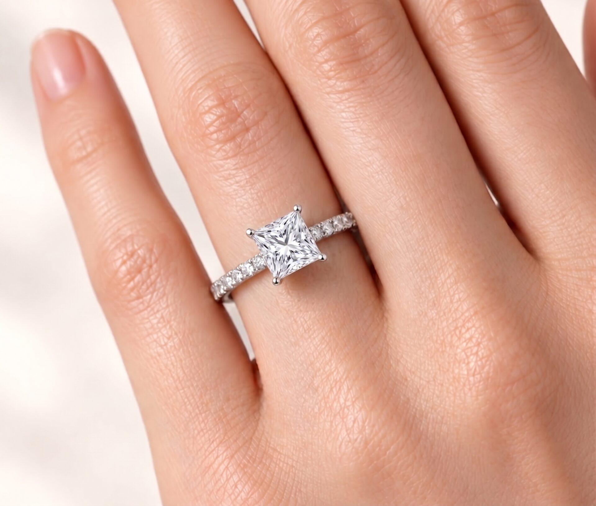プリンセスカット婚約指輪の着用イメージ