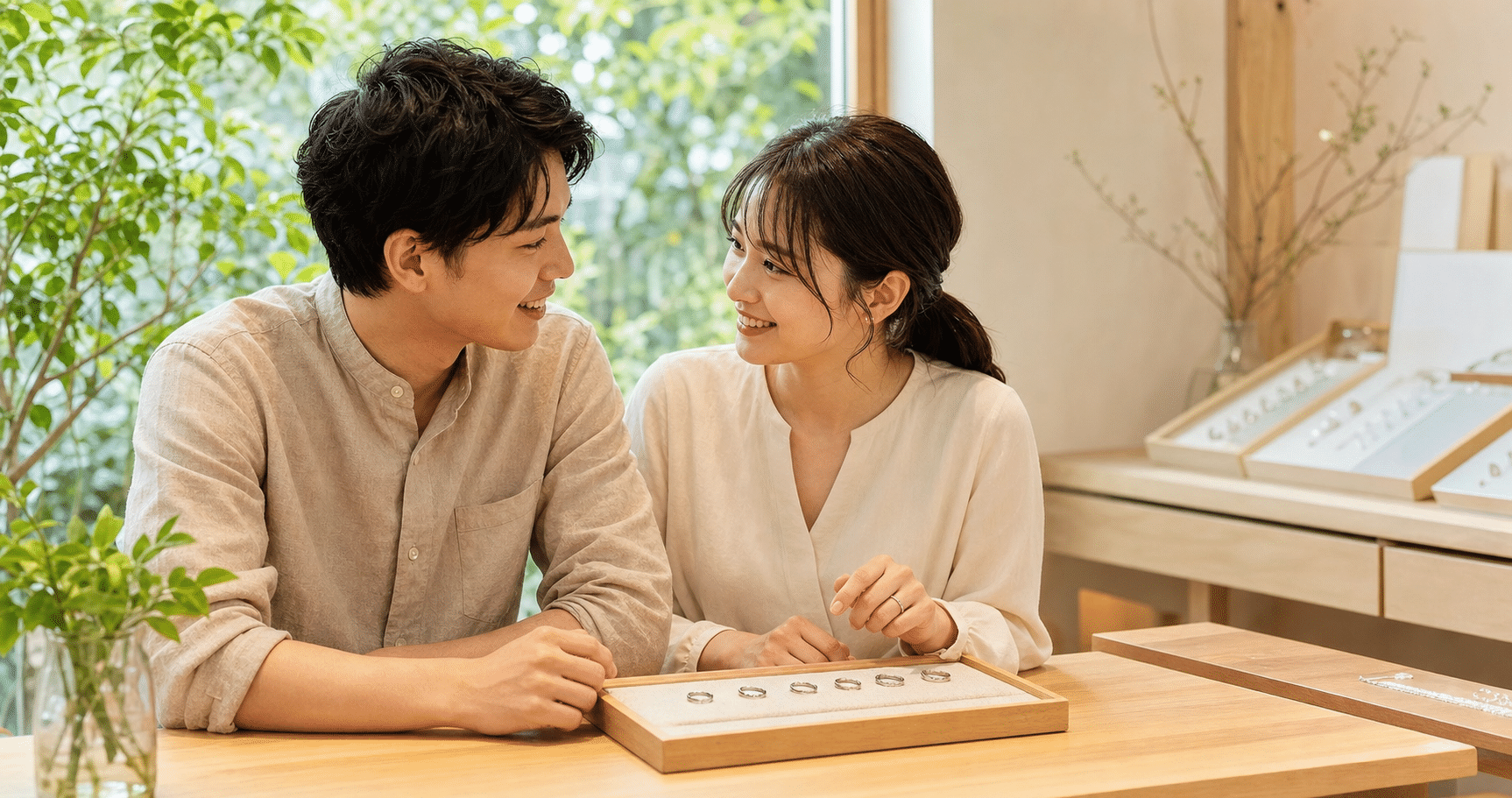 リモート相談で婚約指輪の素材とデザインを比較する二人