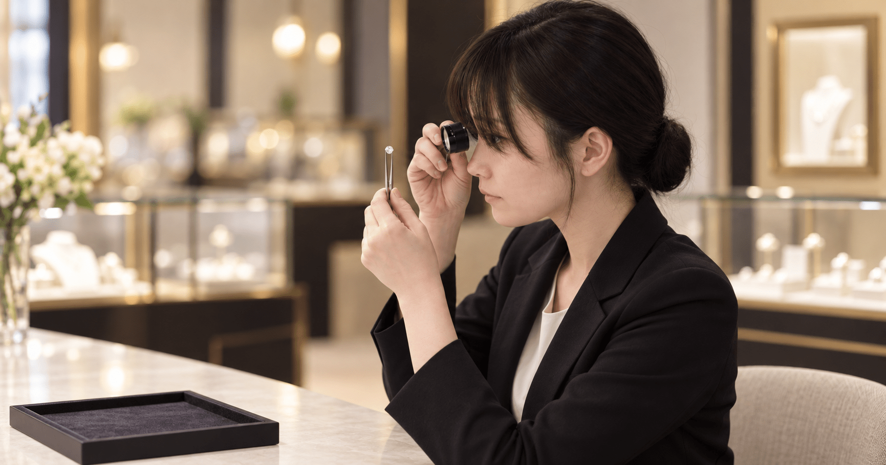 女性スタッフがルーペでダイヤモンドを一石ずつ確認している様子