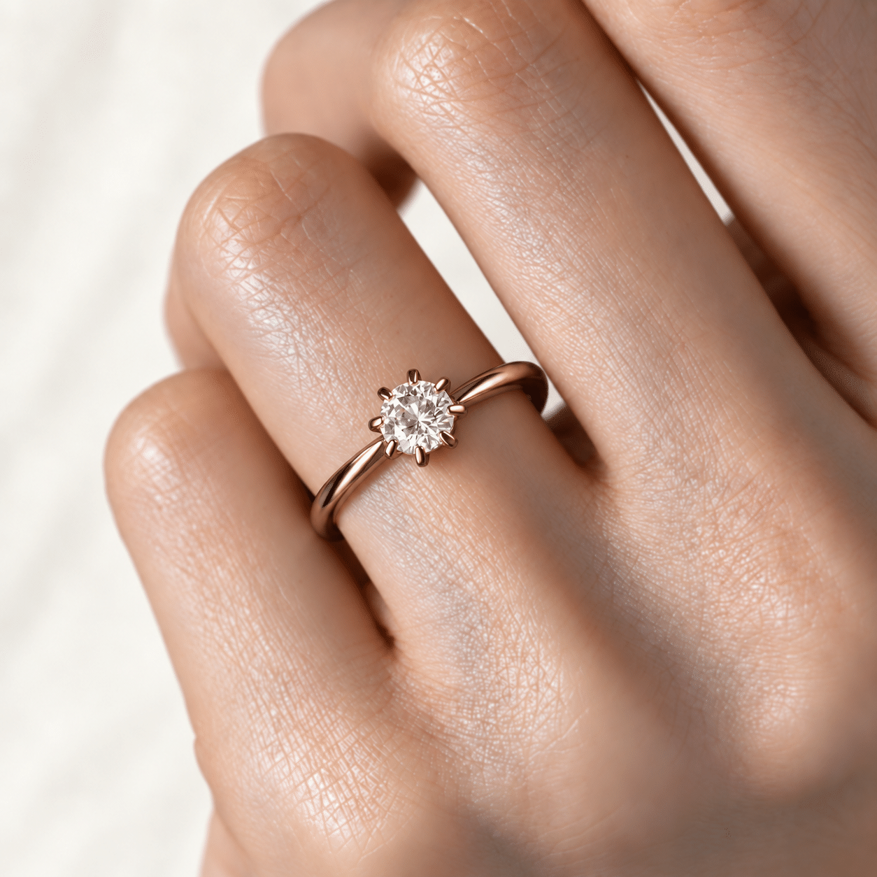 ピンクゴールド8本爪の婚約指輪を着けた手