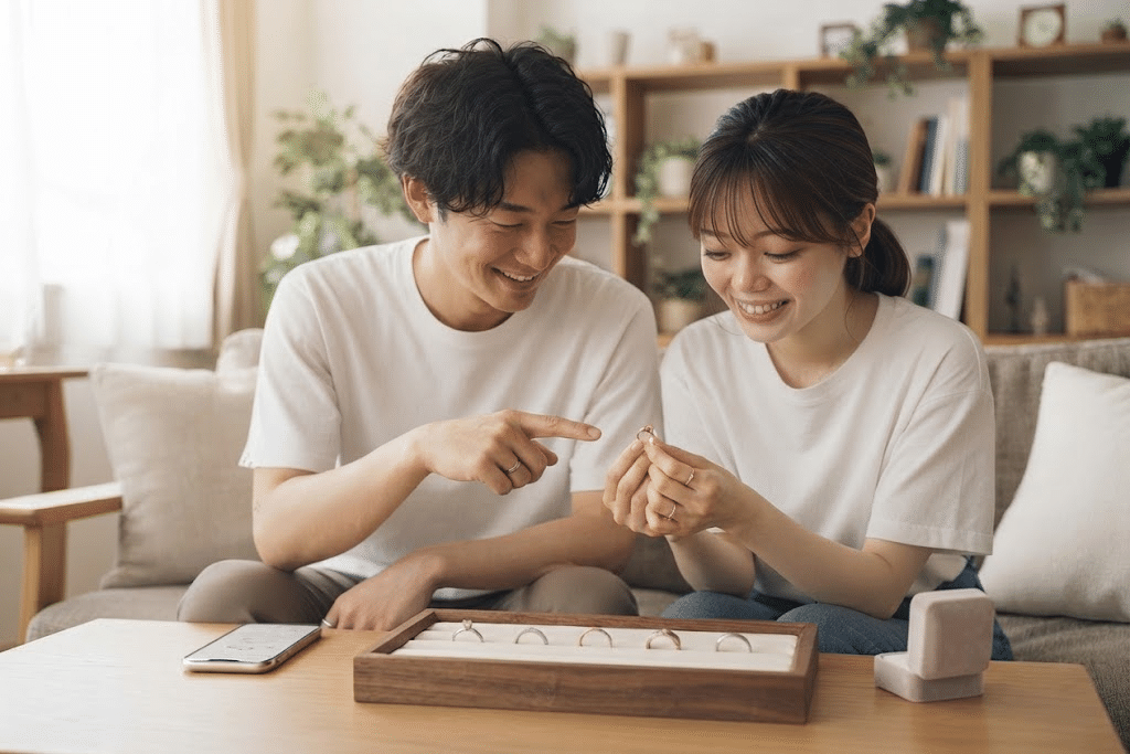 ご自宅でサンプルリングを試着するおふたり