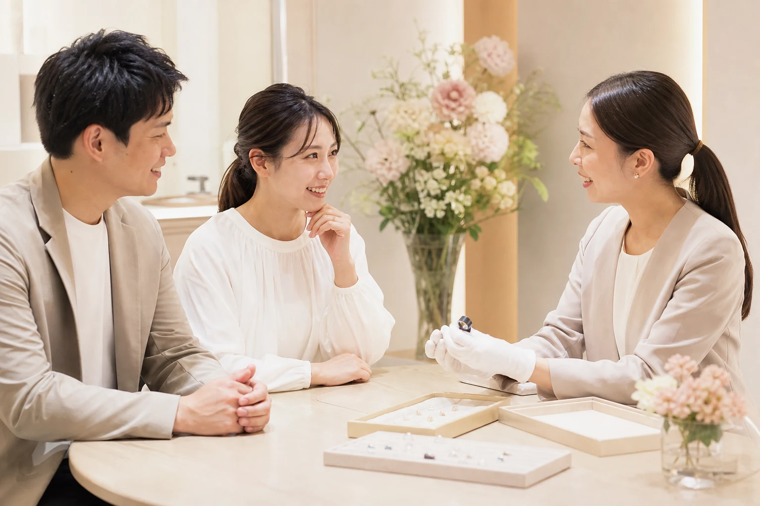 おふたりとスタッフによる結婚指輪の打ち合わせ風景