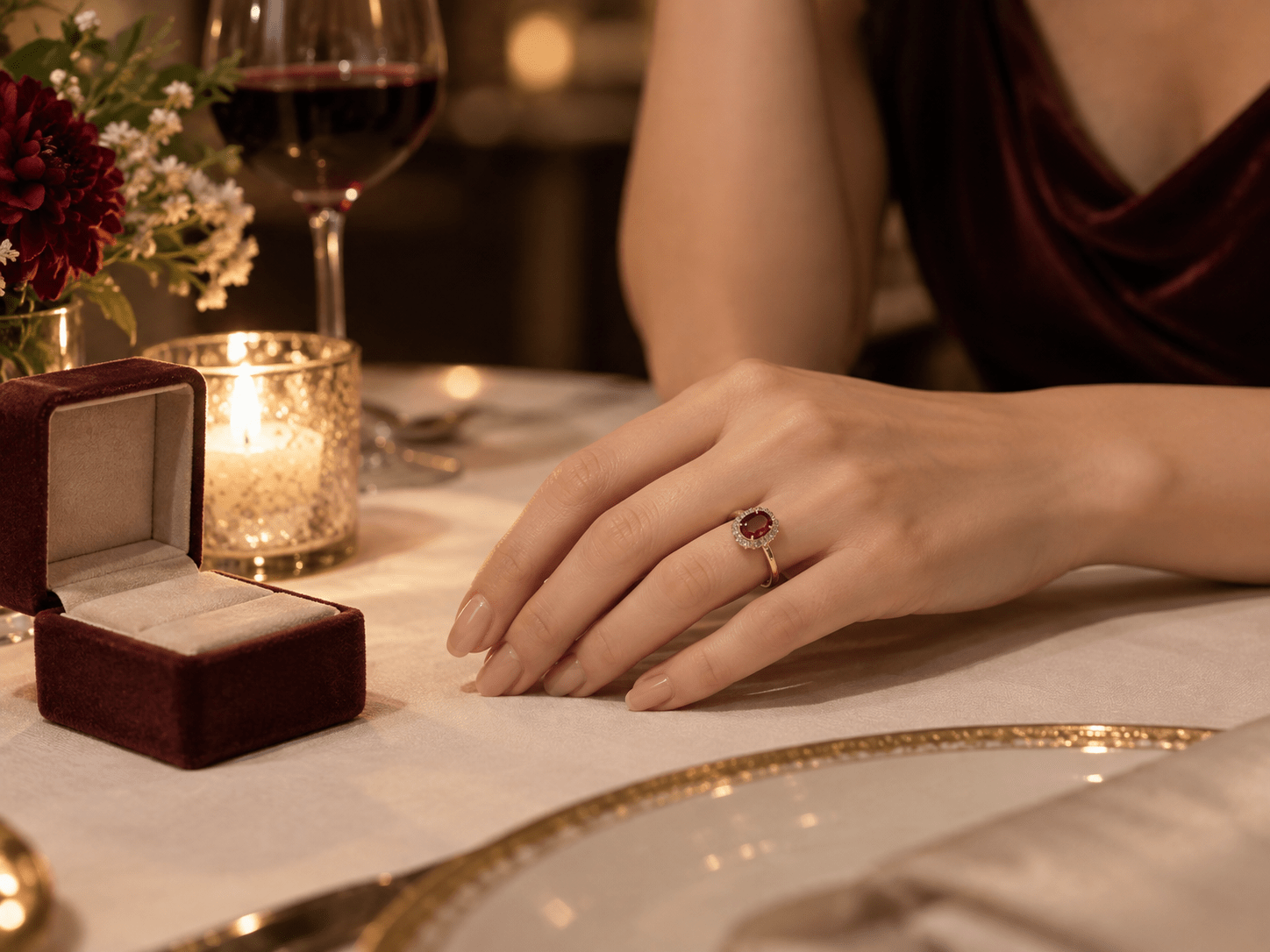 記念日に誕生石の婚約指輪を着けるイメージ