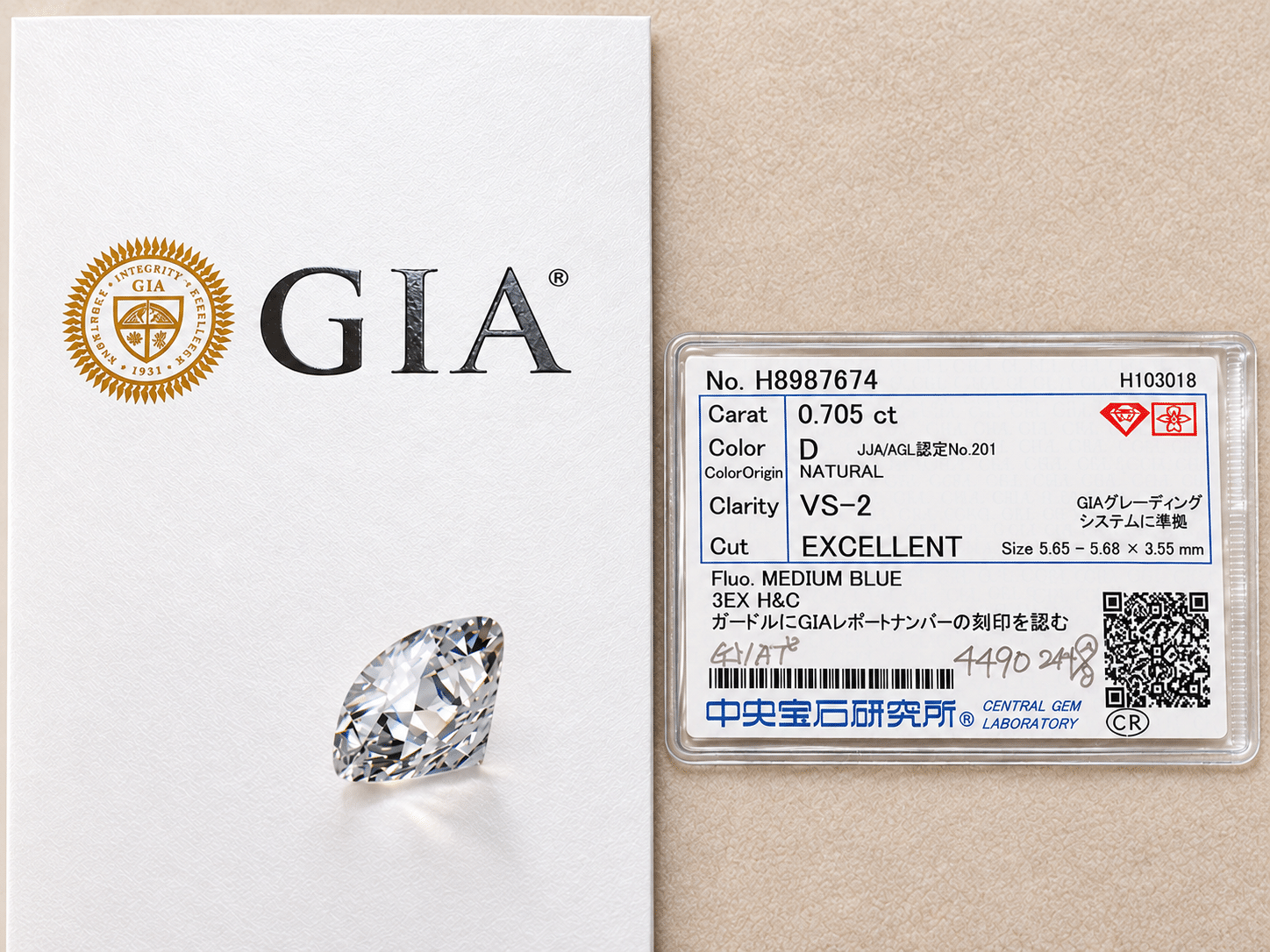 GIA鑑定書と中央宝石研究所ソーティング付き0.705ctダイヤモンド