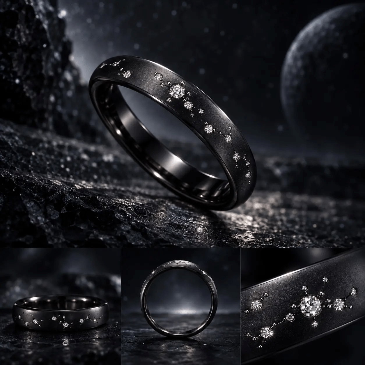 AIで検討した星座モチーフの黒い結婚指輪デザイン