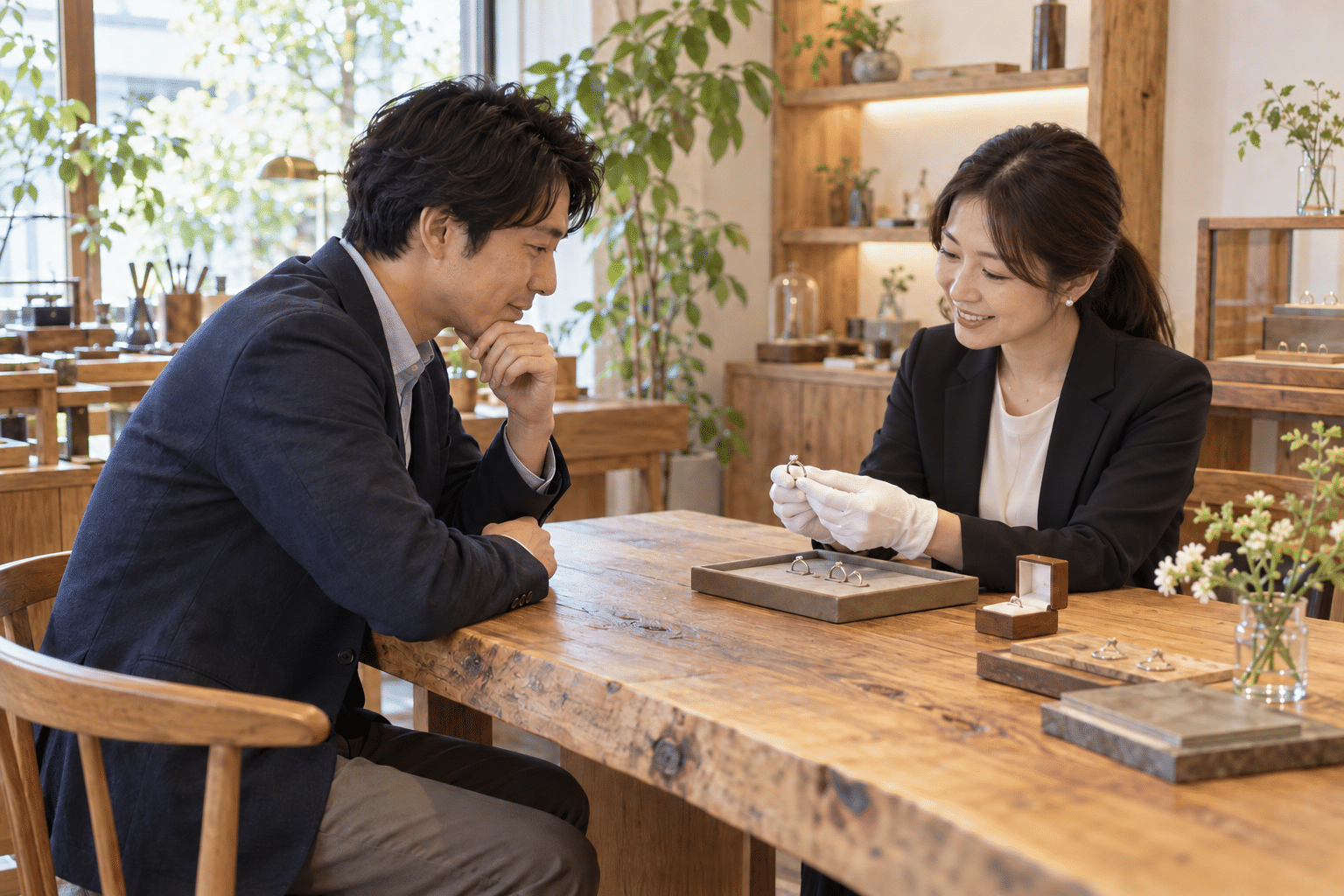 黒いジャケットの男性のお客様と婚約指輪について打ち合わせする様子