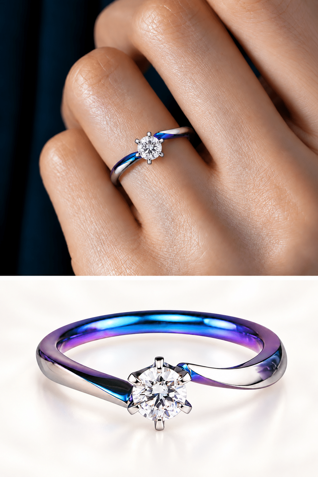 Royal Twist ロイヤルツイスト 婚約指輪の着用例と正面デザイン